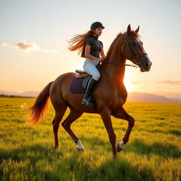 A young woman riding a majestic brown horse in an open field