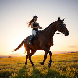 A young woman riding a majestic brown horse in an open field