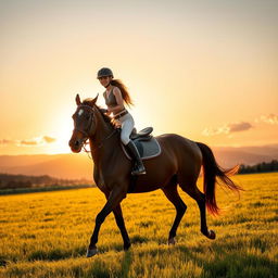 A young woman riding a majestic brown horse in an open field