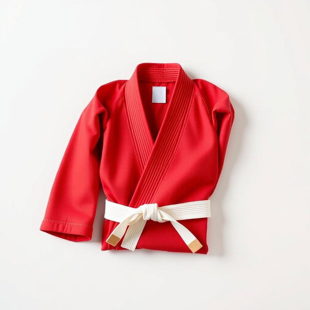 A vibrant red judo uniform, neatly folded and displayed on a clean surface