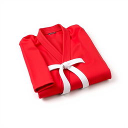 A vibrant red judo uniform, neatly folded and displayed on a clean surface
