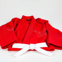 A vibrant red judo uniform, neatly folded and displayed on a clean surface