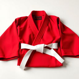 A vibrant red judo uniform, neatly folded and displayed on a clean surface