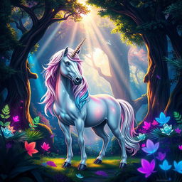 A mystical unicorn standing majestically in a vibrant fantasy forest, surrounded by colorful, luminescent plants and trees