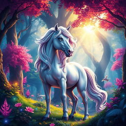 A mystical unicorn standing majestically in a vibrant fantasy forest, surrounded by colorful, luminescent plants and trees