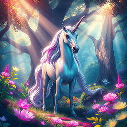 A mystical unicorn standing majestically in a vibrant fantasy forest, surrounded by colorful, luminescent plants and trees