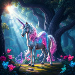 A mystical unicorn standing majestically in a vibrant fantasy forest, surrounded by colorful, luminescent plants and trees
