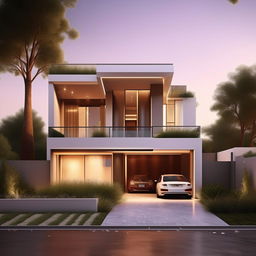 Generate an image of an elegantly designed, modern three-story building on a 60ft x 30ft plot. The building should have a garage on the right side with a staircase inside.