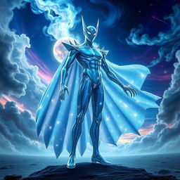 A new JoJo stand named 'Celestial Mirage', featuring a tall, humanoid figure with a shimmering, iridescent body that reflects various celestial patterns like constellations and galaxies