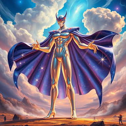 A new JoJo stand named 'Celestial Mirage', featuring a tall, humanoid figure with a shimmering, iridescent body that reflects various celestial patterns like constellations and galaxies