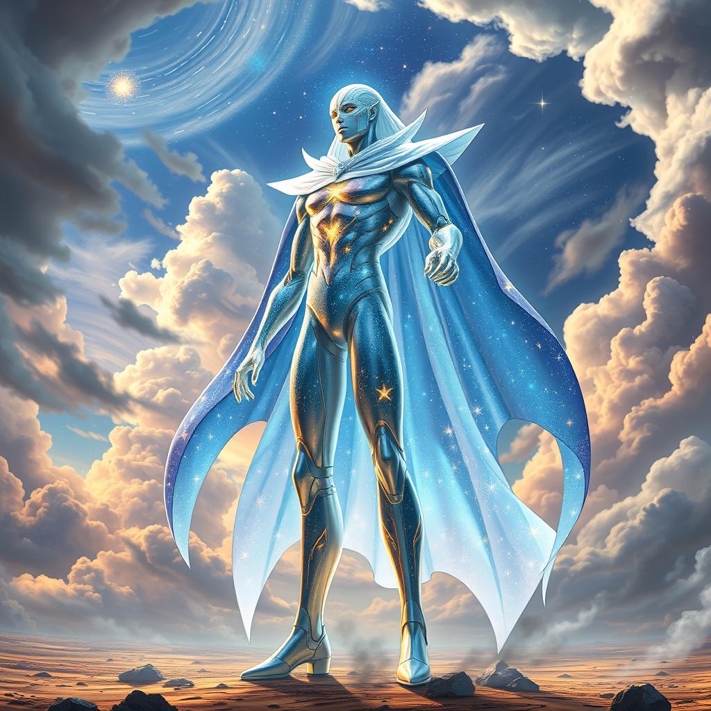 A new JoJo stand named 'Celestial Mirage', featuring a tall, humanoid figure with a shimmering, iridescent body that reflects various celestial patterns like constellations and galaxies