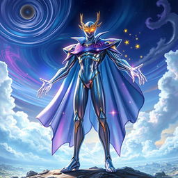 A new JoJo stand named 'Celestial Mirage', featuring a tall, humanoid figure with a shimmering, iridescent body that reflects various celestial patterns like constellations and galaxies