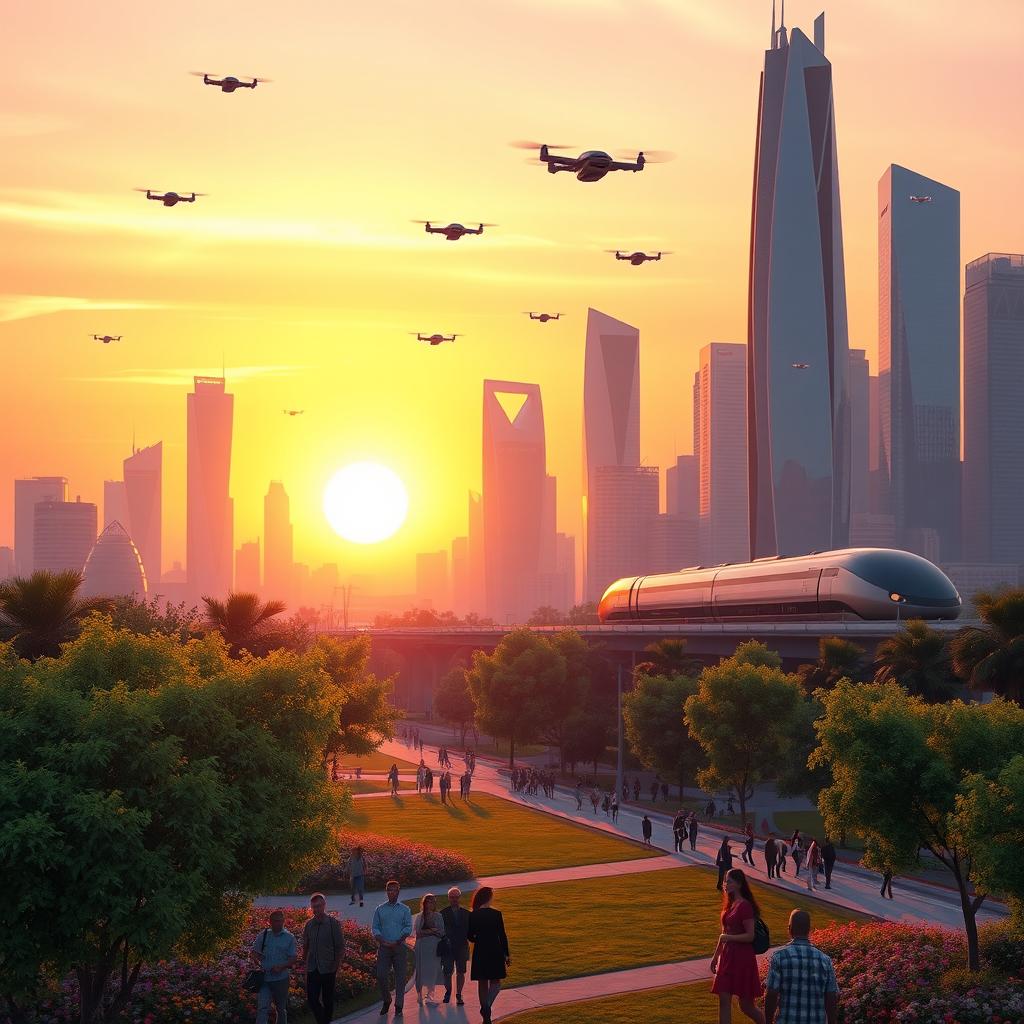 A digital artwork of an elegant futuristic city skyline at sunset, featuring glowing skyscrapers with sleek designs and high-tech elements