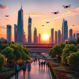 A digital artwork of an elegant futuristic city skyline at sunset, featuring glowing skyscrapers with sleek designs and high-tech elements