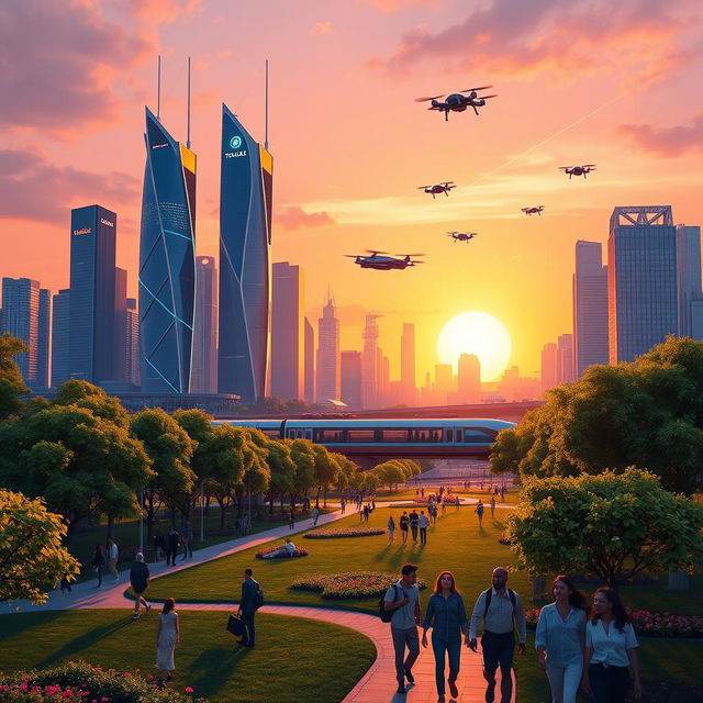 A digital artwork of an elegant futuristic city skyline at sunset, featuring glowing skyscrapers with sleek designs and high-tech elements