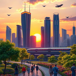 A digital artwork of an elegant futuristic city skyline at sunset, featuring glowing skyscrapers with sleek designs and high-tech elements