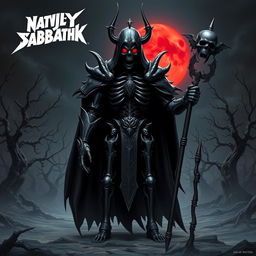 A new JoJo stand named 'Nativity in Black', inspired by the Black Sabbath album, featuring a dark, ominous figure shrouded in shadow with a skeletal, gothic design