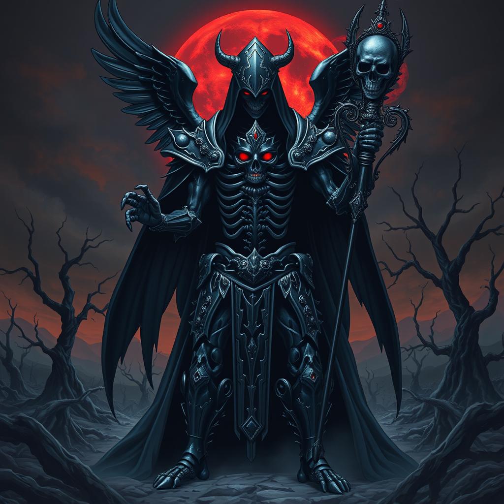 A new JoJo stand named 'Nativity in Black', inspired by the Black Sabbath album, featuring a dark, ominous figure shrouded in shadow with a skeletal, gothic design