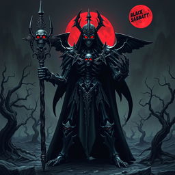 A new JoJo stand named 'Nativity in Black', inspired by the Black Sabbath album, featuring a dark, ominous figure shrouded in shadow with a skeletal, gothic design
