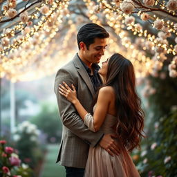 A romantic scene featuring two people embracing under a canopy of twinkling fairy lights in a picturesque garden