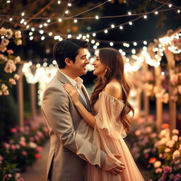 A romantic scene featuring two people embracing under a canopy of twinkling fairy lights in a picturesque garden