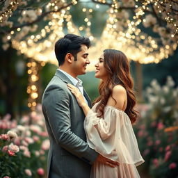A romantic scene featuring two people embracing under a canopy of twinkling fairy lights in a picturesque garden