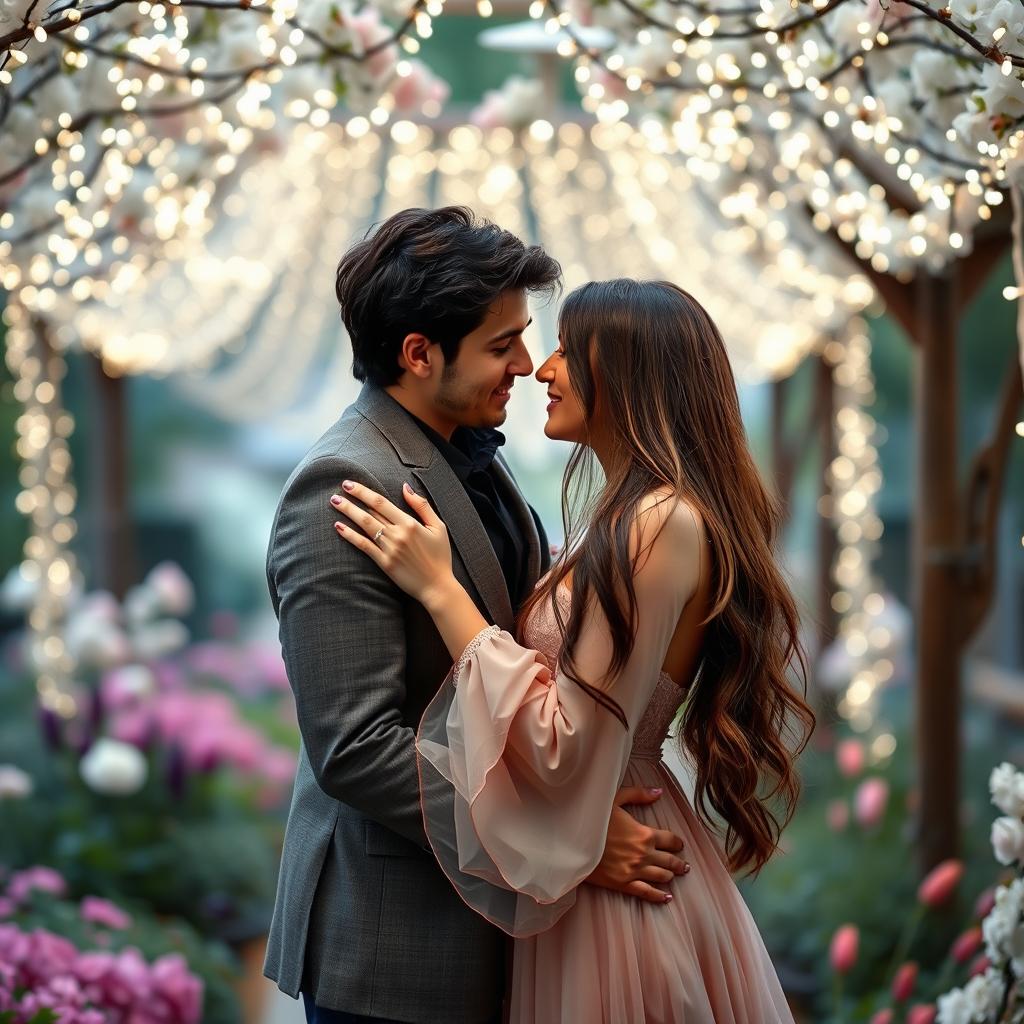 A romantic scene featuring two people embracing under a canopy of twinkling fairy lights in a picturesque garden