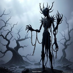 A new JoJo stand named 'Nativity in Black', inspired by the Black Sabbath album, featuring a slender, sinister figure with an aura of darkness