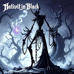 A new JoJo stand named 'Nativity in Black', inspired by the Black Sabbath album, featuring a slender, sinister figure with an aura of darkness