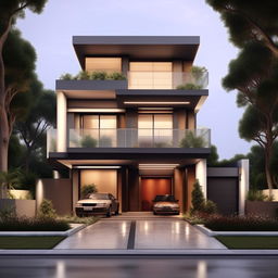 Generate an image of an elegantly designed, modern three-story building on a 60ft x 30ft plot. The building should have a garage on the right side with a staircase inside.