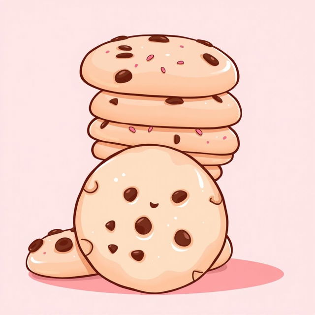 A cute cartoon-style image featuring a stack of cookies with varying textures and designs