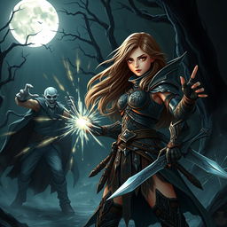 A fierce scene depicting a young woman engaged in a battle with a vampire