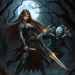 A fierce scene depicting a young woman engaged in a battle with a vampire
