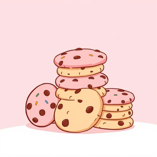 A whimsical cartoon-style illustration showcasing a stack of cookies positioned at the corner of the image