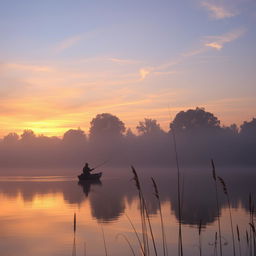 A serene sunset over a misty lake, with a silhouette of a lone fisherman in a small boat casting his line into the water