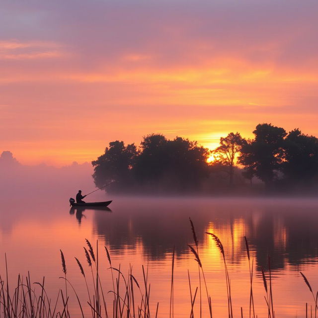 A serene sunset over a misty lake, with a silhouette of a lone fisherman in a small boat casting his line into the water