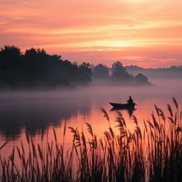 A serene sunset over a misty lake, with a silhouette of a lone fisherman in a small boat casting his line into the water