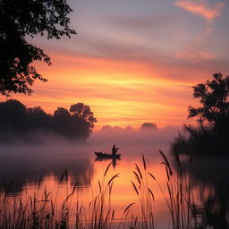 A serene sunset over a misty lake, with a silhouette of a lone fisherman in a small boat casting his line into the water