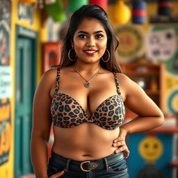 A 20-year-old Salvadoran woman, confidently dressed in a leopard print bra, highlighting her large bust and curvy figure