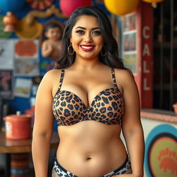 A 20-year-old Salvadoran woman, confidently dressed in a leopard print bra, highlighting her large bust and curvy figure