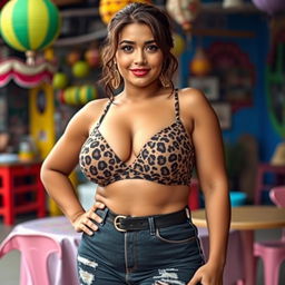 A 20-year-old Salvadoran woman, confidently dressed in a leopard print bra, highlighting her large bust and curvy figure