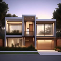 Generate an image of an elegantly designed, modern three-story building on a 60ft x 30ft plot. The building should have a garage on the right side with a staircase inside.