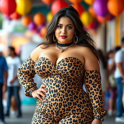 A 20-year-old Salvadoran woman dressed in a bold leopard print outfit, showcasing her large bust and curvy figure