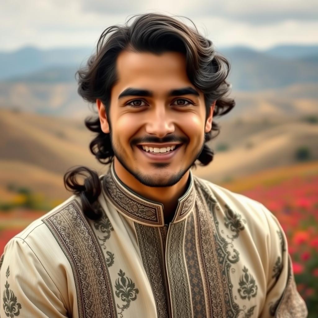 A charismatic Iranian man with a warm smile, wearing traditional Persian clothing elegantly styled with intricate patterns