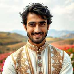 A charismatic Iranian man with a warm smile, wearing traditional Persian clothing elegantly styled with intricate patterns