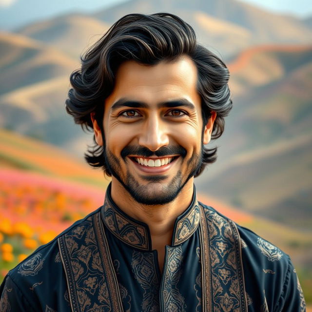 A charismatic Iranian man with a warm smile, wearing traditional Persian clothing elegantly styled with intricate patterns