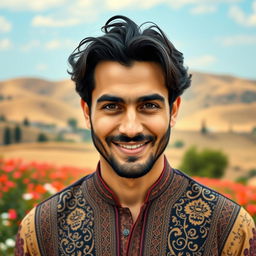 A charismatic Iranian man with a warm smile, wearing traditional Persian clothing elegantly styled with intricate patterns