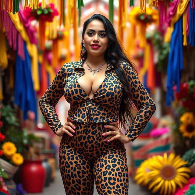 A 20-year-old Salvadoran woman dressed in a striking leopard print outfit, confidently showcasing her large bust and well-defined figure