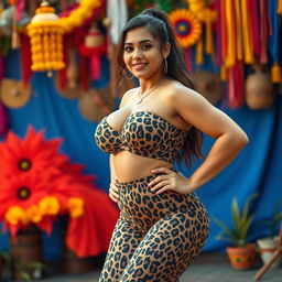 A 20-year-old Salvadoran woman dressed in a striking leopard print outfit, confidently showcasing her large bust and well-defined figure