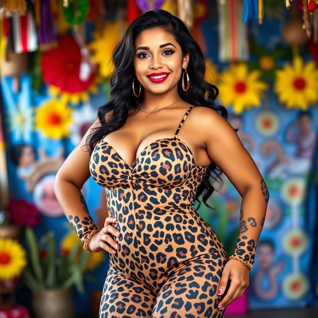 A 20-year-old Salvadoran woman dressed in a striking leopard print outfit, confidently showcasing her large bust and well-defined figure